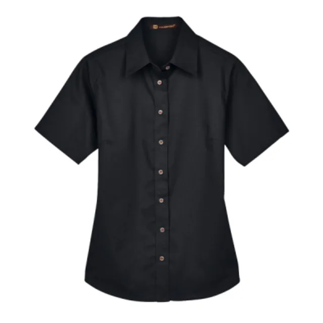 Harriton Women's Easy Blend™ Short Sleeve Twill Dress Shirt with Stain-Release (M500SW) — custom decorated by Black Sheep Designs